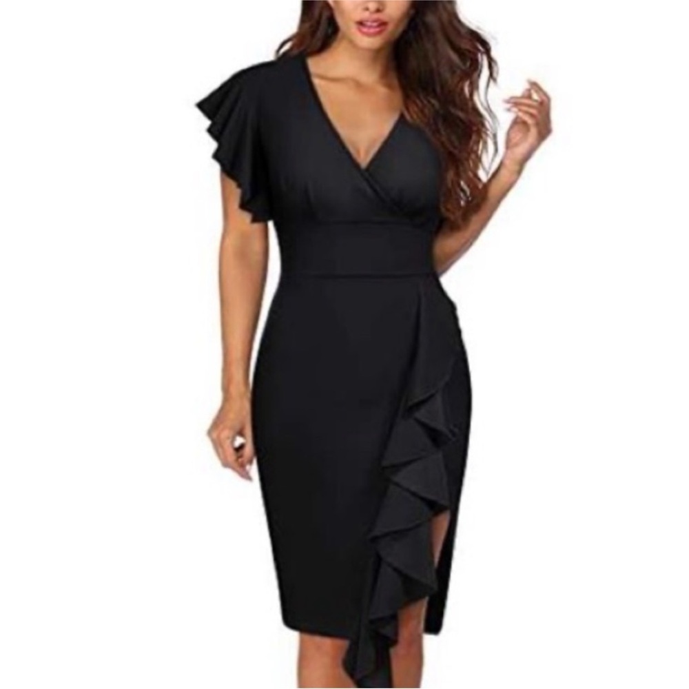 Knitee Deep-V Neck Ruffle Sleeves Cocktail Party Pencil Slit Formal Dress new 🆕